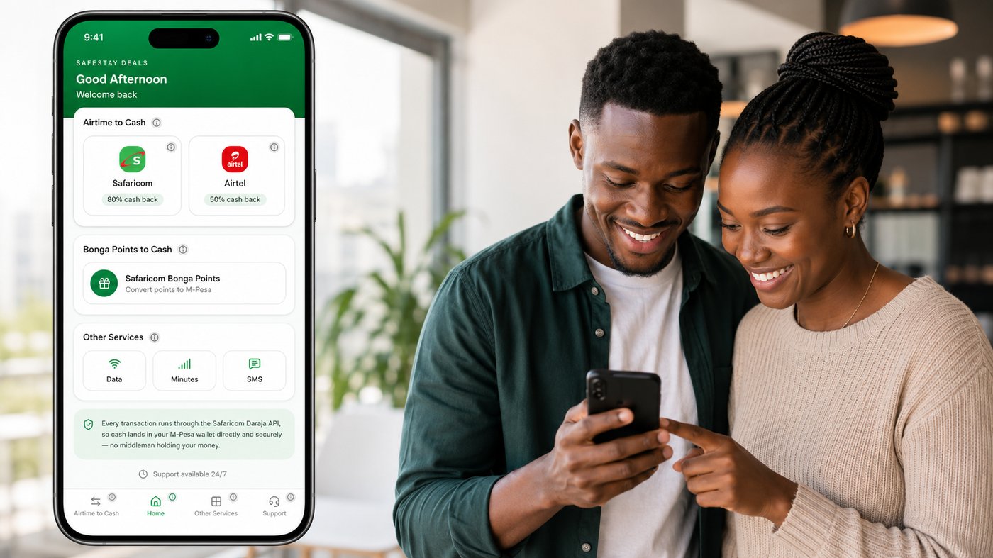 A man and a woman smiling while looking at the Safestay Deals app on a phone